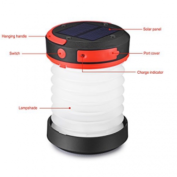Liqoo® LED Campinglampe Solar Campingleuchte Camping Zelt Laterne Wasserdicht Faltbar Tragbar Zusammenklappbar Taschenlampe mit SOS und Power Bank Funktion, mit USB und Solarpanel aufgeladen - 